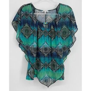 Notations Teal Blue Geometric Tribal Beaded Keyhole Flutter Sleeve Top MPCF0174